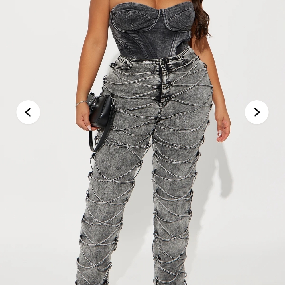 Stylish Black Corset Top with Gray Lace-Up Pants